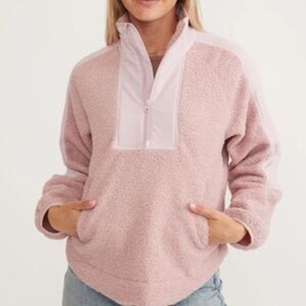 Marine Layer Park Sweater Women's Size XS Pink Half-Zip Teddy Fleece Pullover